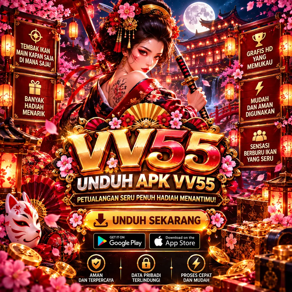 VV55 APK dengan tema Geisha Jepang, bunga sakura dan petualangan samurai.