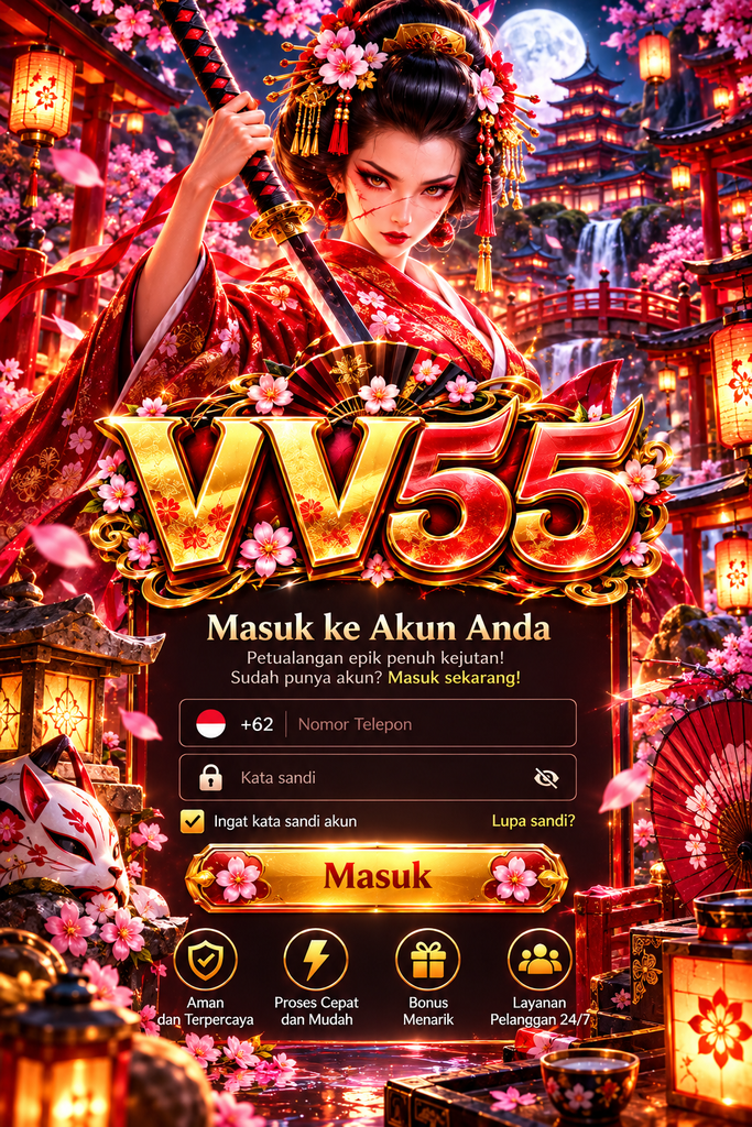 VV55 Login with Japanese geisha warrior and cherry blossom background.