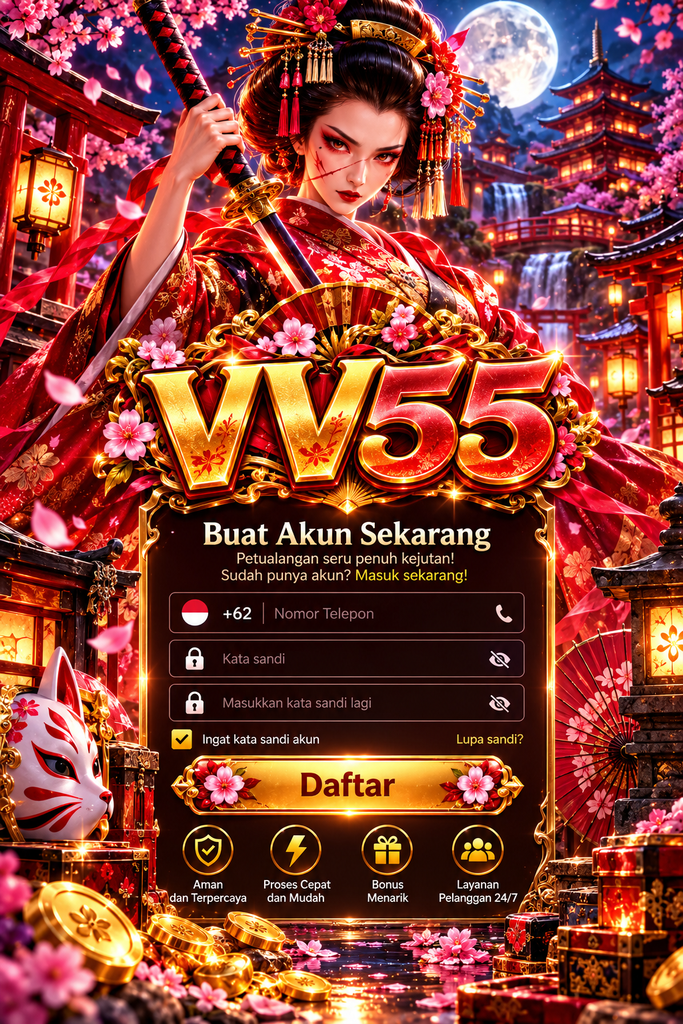 VV55 registration page with Japanese geisha warrior and cherry blossom background.